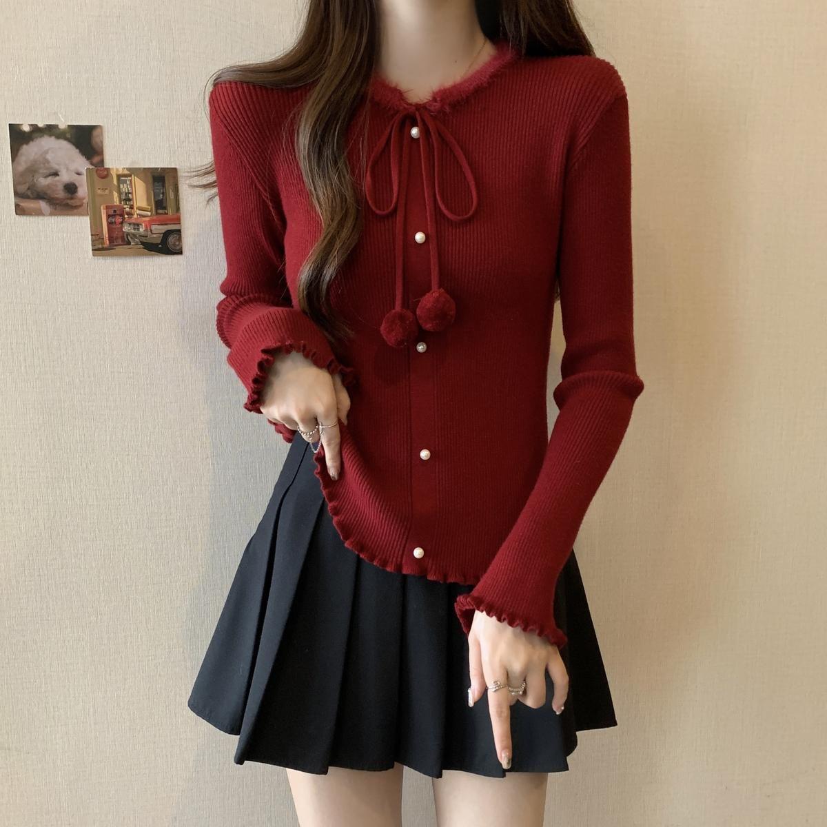 

Korean Style Women s Red Fluffy Knit Sweater - Winter 2025 Collection One Size