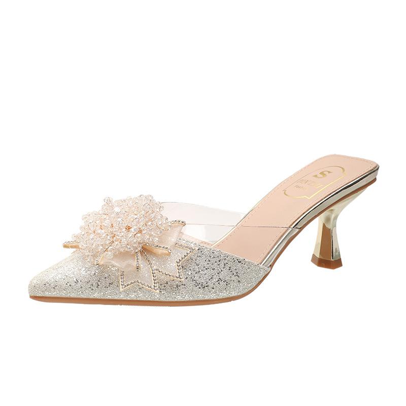 High-heeled Sandals Women's Bag Head Half Slippers Bow Flower Stiletto Outer Wear High-heeled Slippers Large Size 41-43