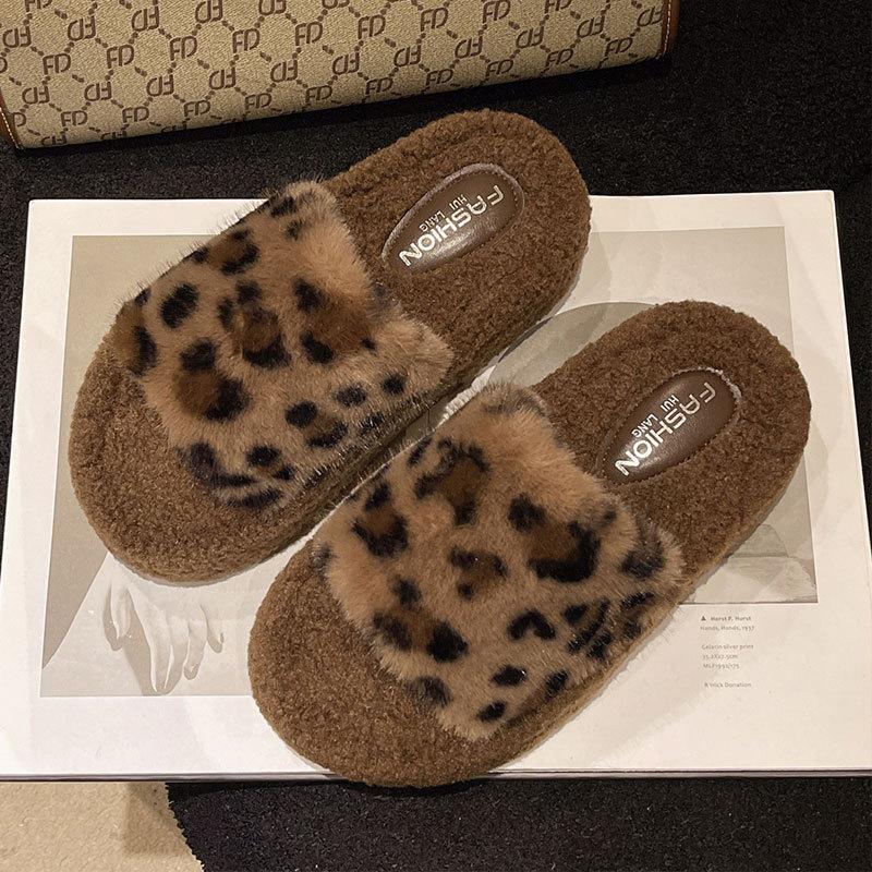 High Sense Leopard Print Fluffy Slippers Women 2025 Autumn and Winter New Small High Heels Fleece Explosion Internet Celebrity Cotton Drag Women