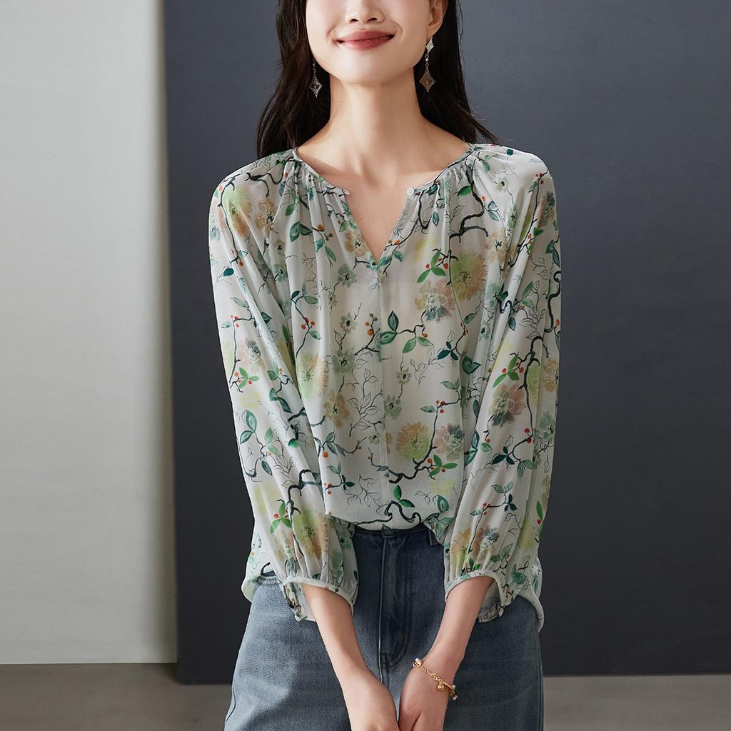 100% mulberry silk printed shirt for women's 2026 spring fashion versatile round neck silk top