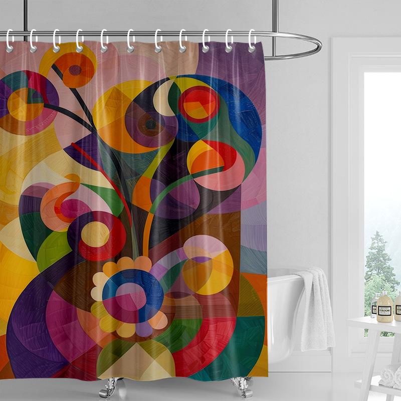 Vintage Floral Shower Curtain-Bold Red and Orange Flowers, Butterfly Background, Waterproof Bath Decoration