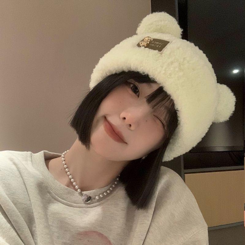 Ears Bear Wool Hat Women's Autumn and Winter Plush Thickened Knitted Hat Korean Version Cute Niche Cold Hat Women's Winter
