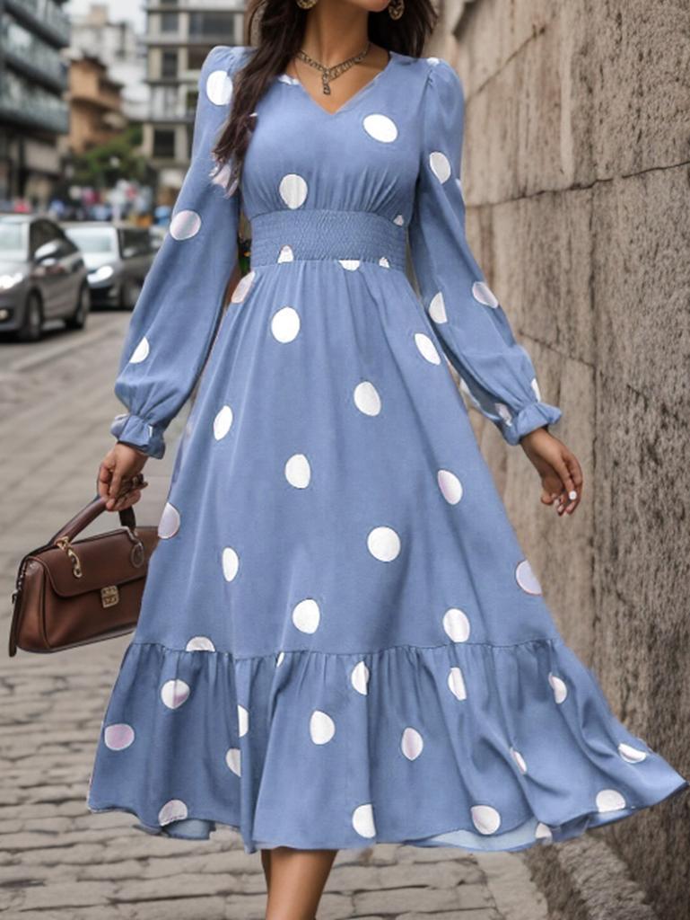 New Women's Clothing 2025 Spring Fashion Polka Dot Printing V-neck Long-sleeved Pendulum Dress