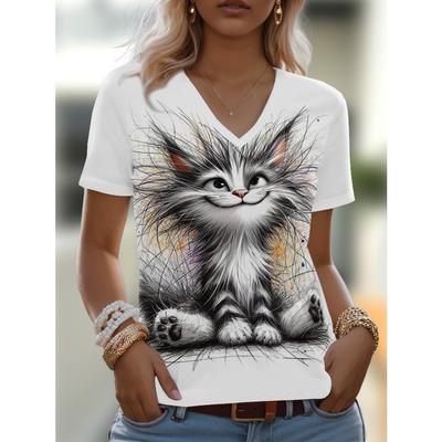 T-Shirts Damen Kurzarm 3D-Druck Top Urlaub Tiermuster Wochenende Basic V-Ausschnitt T-Shirt Sommer