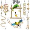 Random Bell 8PCS Bird Toys for Parakeets, Parrot Swing Chewing Hanging Standing Wooden Toys Bird Cage Accessories