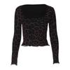 European and American Women's Summer New Leopard Print Mesh Double-layer Patchwork Fashionable Long-sleeve Slim-fit T-shirt