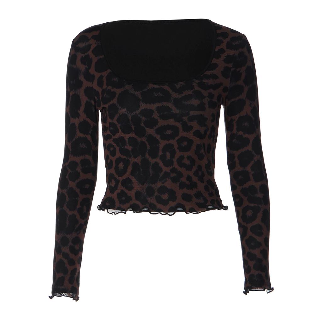 European and American Women's Summer New Leopard Print Mesh Double-layer Patchwork Fashionable Long-sleeve Slim-fit T-shirt