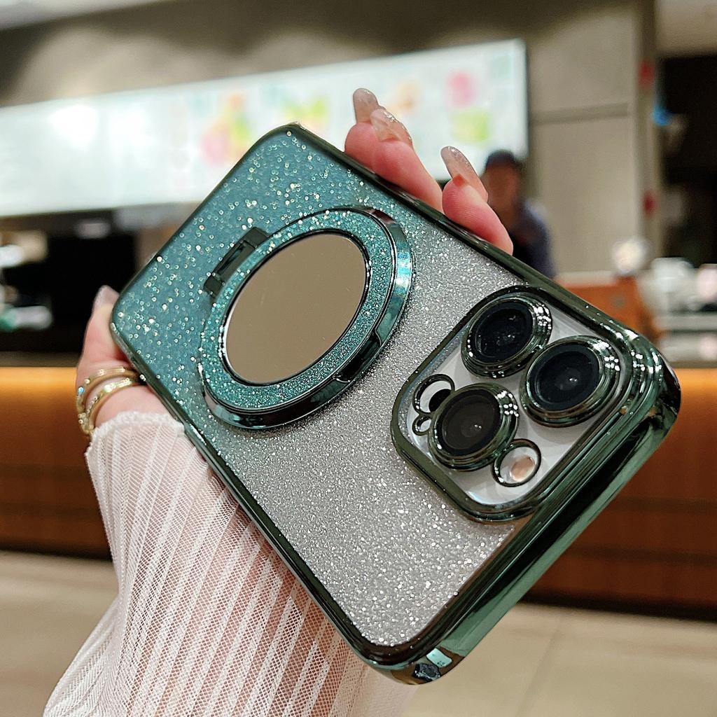 Applicable To Apple 16Pro Magnetic Makeup Mirror Bracket Mobile Phone Case Iphone15 Electroplated Flash Powder 14m Protective Cover
