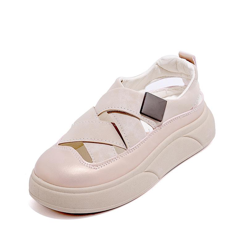 Hollow breathable bread shoes for women 2025 summer thick-soled soft Velcro muffin big head niche board shoes for women W18