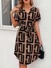Elegant and Sophisticated Short-sleeved Plaid Dress, Perfect for Summer Vacations, with a Small Hem, Belted Waist, V-neck, A-line Midi Skirt.
