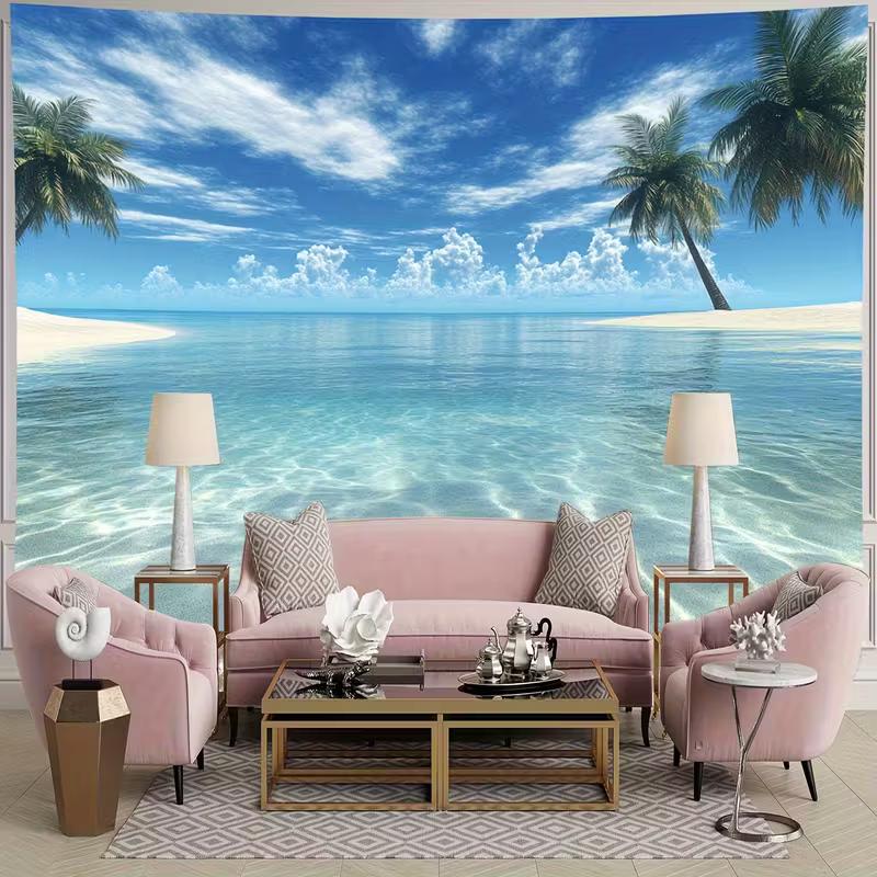 Tropical Beach Ocean Tapestry, Palm Tree Seascape Background Cloth, Summer Wall Decor