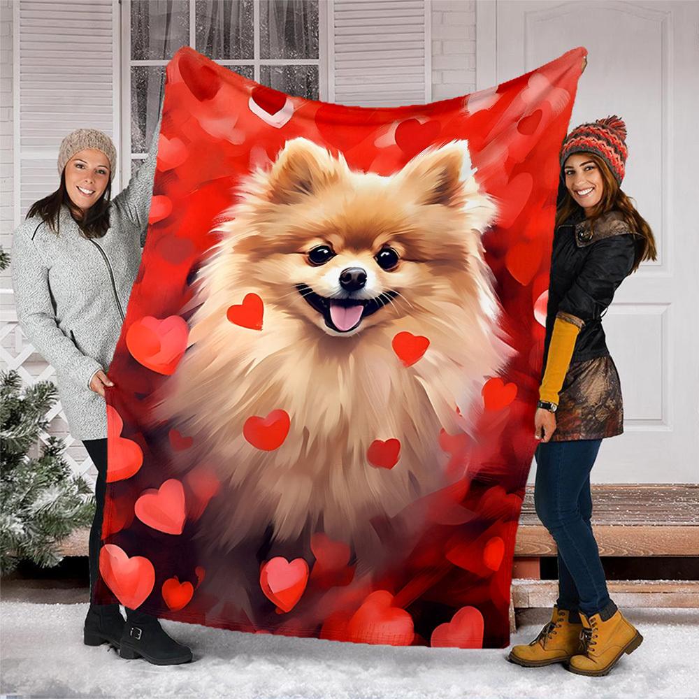 1pc Pomeranian Love Hearts Outdoor Flannel Blanket , Machine Washable Perfect Gift for Birthday , Holiday Travel Accessory , Durable Material