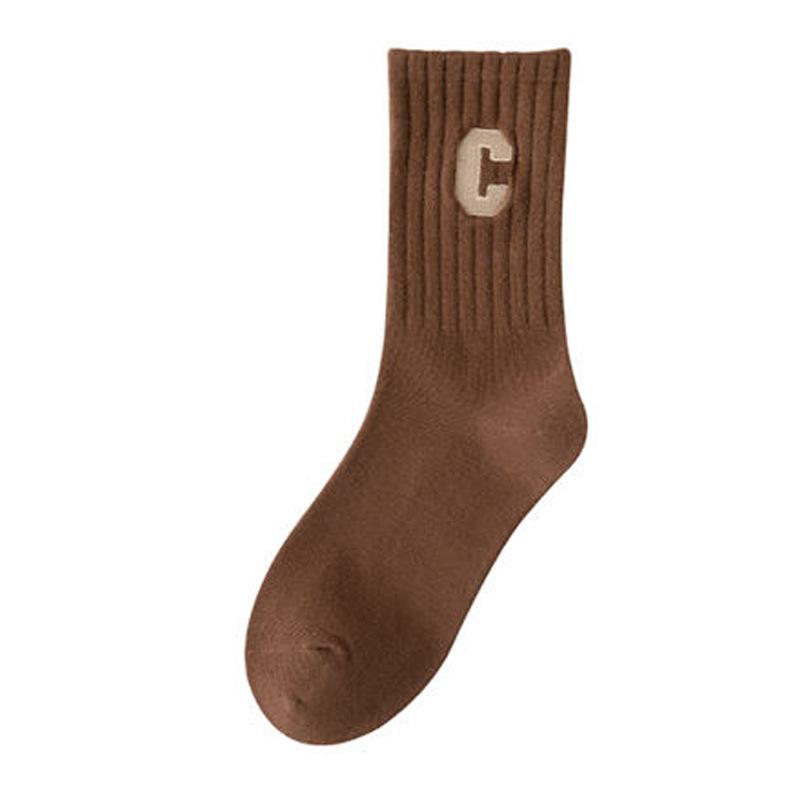 6 Paires de Chaussettes de Sport Lettre C Grande, Couleur Chaude Polyvalente Étudiant Couleur Unie Style Collège