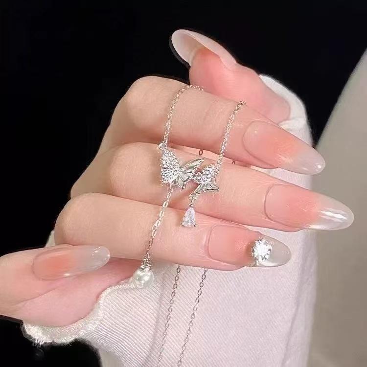 Double Butterfly Tassel Pendant Necklace Sweet Korean S925 Silver Pavé Set Anti Tarnish Daily Party Jewelry