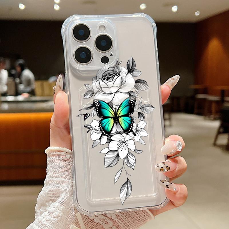 Card Slot Pocket Clear Soft TPU Case For iPhone 17 16 15 14 13 Pro Max 16e 12 Hollow out Butterfly Printed Silicone Phone Cover