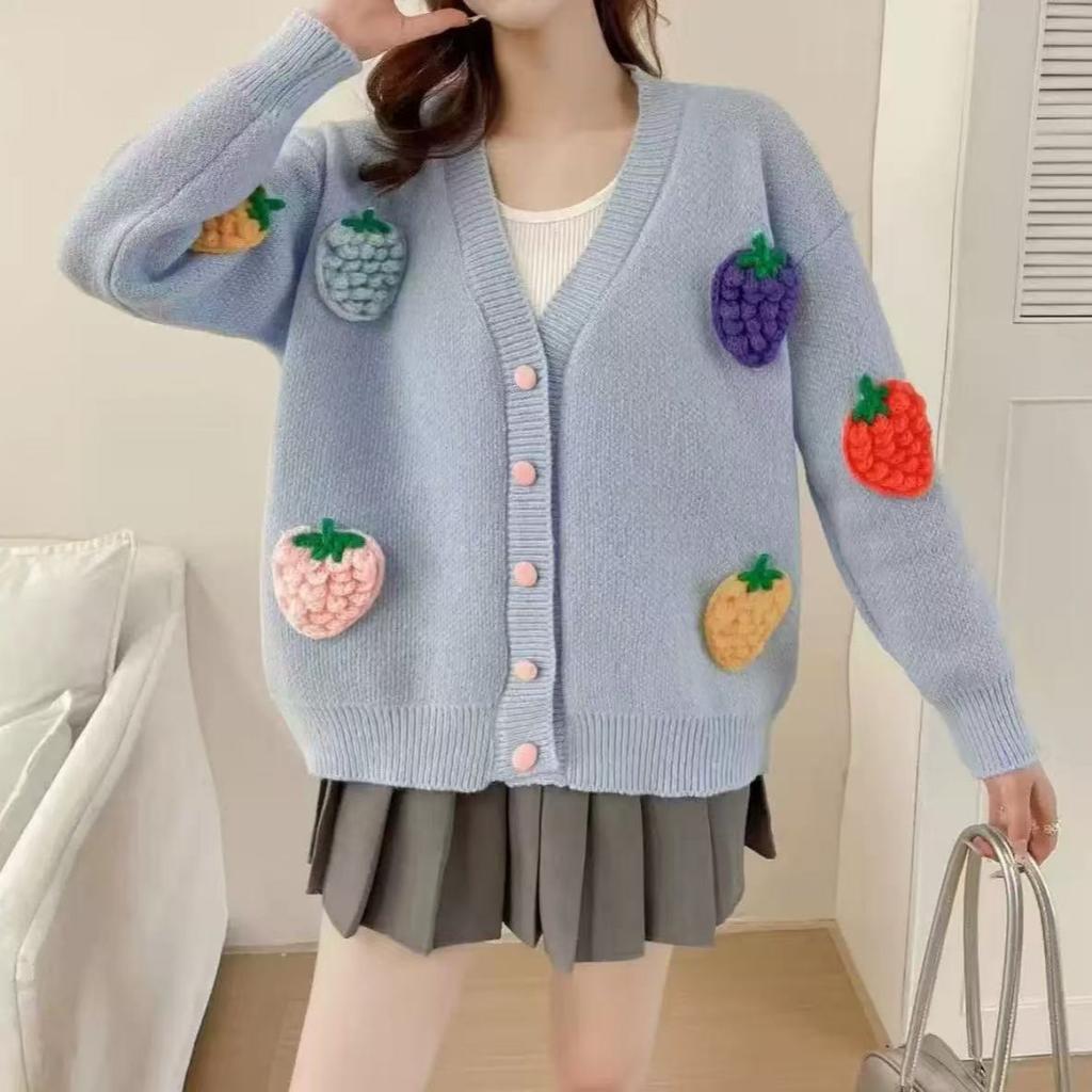 Strawberry Gentle and Sweet Knitted Sweater Cardigan Jacket Women's Autumn Thickened Outer Long-sleeved Top