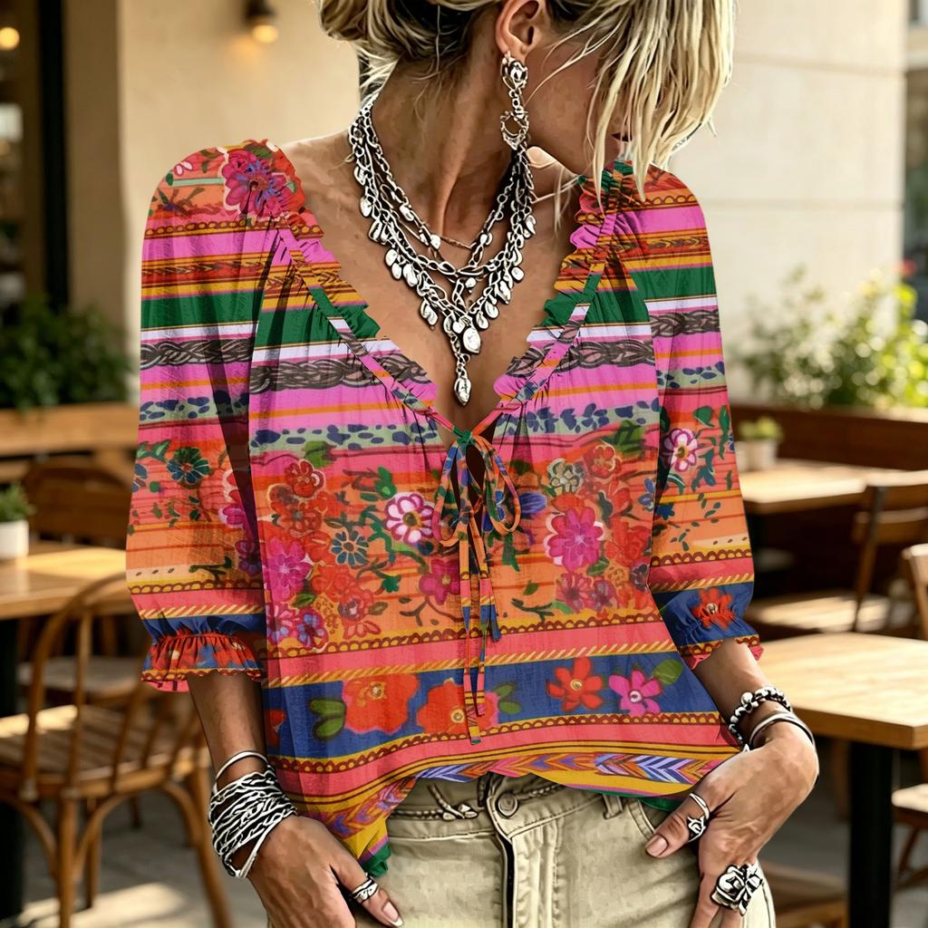 Women's Casual V-Neck Printed Tie Ruffle Blouse for Everyday Wear
