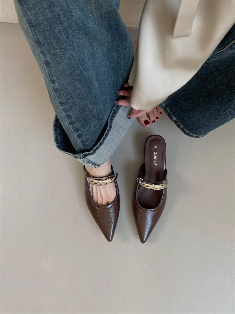 

Inner height increase slope heel pointed head bag head wearing half slippers women s new spring and summer beautiful Mary Jane single shoes 40