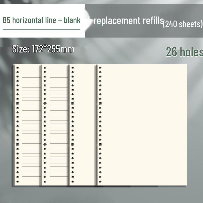 B5 Loose-Leaf Notebook Refill with 26-Hole and A5 Detachable Loose-Leaf Paper, 20-Hole Horizontal Line Grid for Exam Prep.