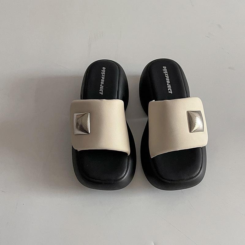 

Slippers women s new summer wear high-end thick-soled Velcro one-word drag with skirt sandals 40 бежевый