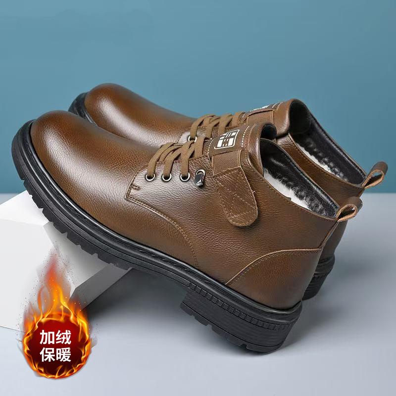 Winter men's leather shoes with fleece and thickened warm cotton shoes with soft soles for casual high-top martin boots