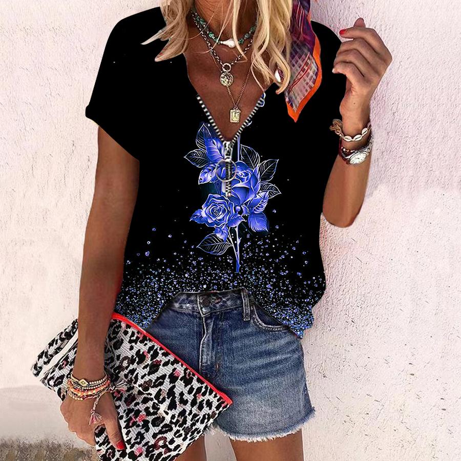 Women's Top Summer New Fashion Rose Flower Flowers In Bloom Printed Casual Zipper V-neck Short Sleeve Top