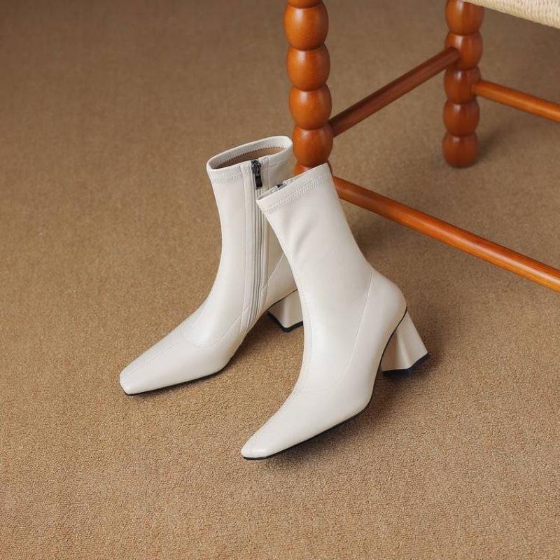 New Women's Versatile Solid Color High Heel Women's Boots Coarse Heel Comfortable Zipper Square Head Knight Boots Autumn and Winter Medium Boots Wome