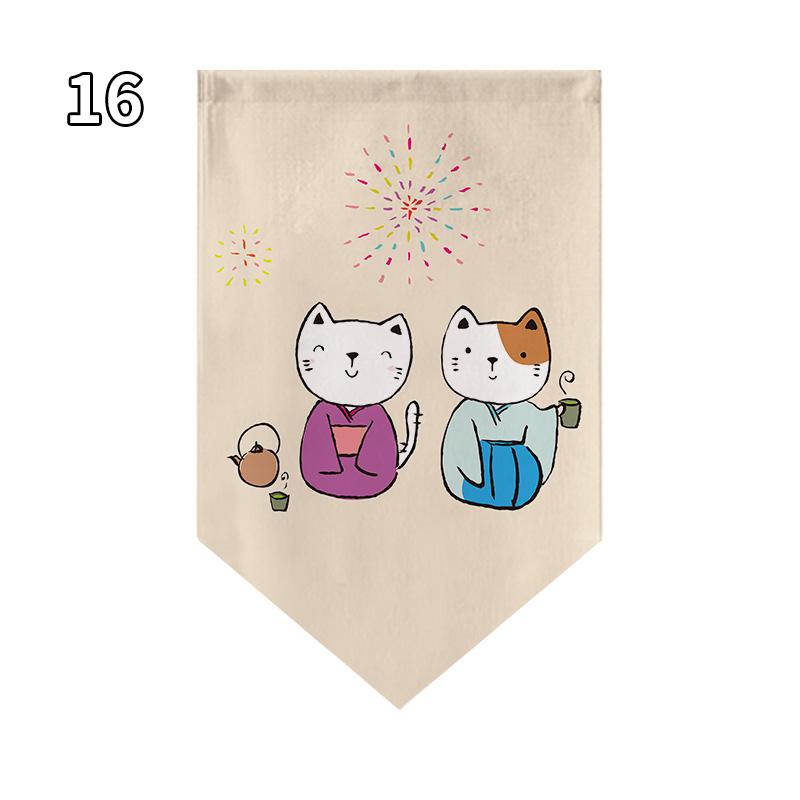 Japanese Style Lucky Cat Pattern Short Curtain Kitchen Door Partition Triangle Flag Restaurant Hanging Half Curtain Pennant