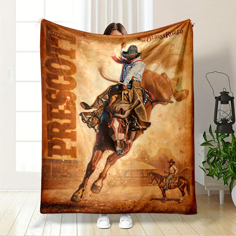 Bohemian Prescott Rodeo Cowboy Poster Yellow Plush Blanket, Durable Warm Throw for Outdoor Fun, Comfortable Throw for Daybed and Armchair
