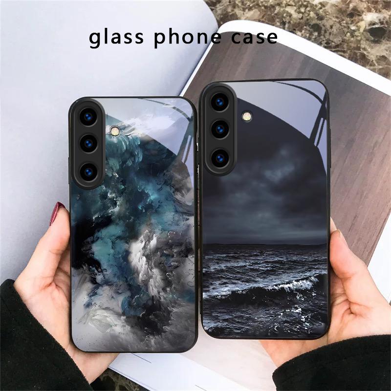 Abstrakte Moderne Wellen Für Samsung Galaxy S20 S21 S22 S23 Plus S24 FE S25 Ultra S26 Edge S25+ 20+ 22+ 24+ Schwarze Glas-Handyhülle