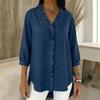 Deep Blue Denim V Neck Ruffle Trim Button Down Shirt Women's Casual Top