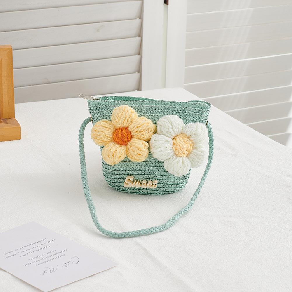 Cute Zipper Straw Bag Flower Princess Summer Beach Coin Purse Handmade Woven Storage Basket Kids