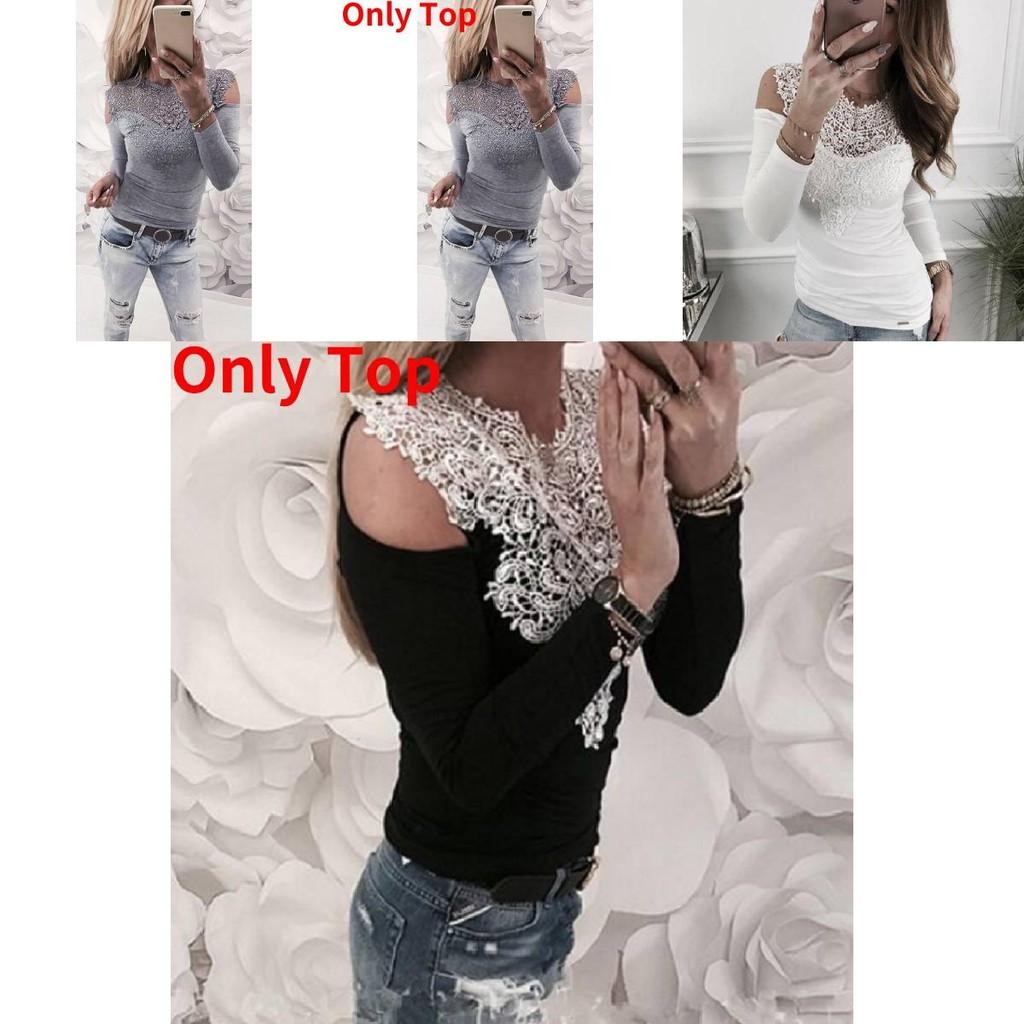 Elegant Spring Collection Sexy Lace Shoulder Cutout Cotton T-shirt Top In Gray Pink White And Black