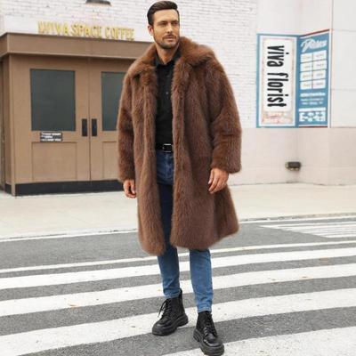 Palton Lung de Iarnă pentru Bărbați, Culoare Maro, Blană Artificială, Guler Rever, Oversized, Călduros