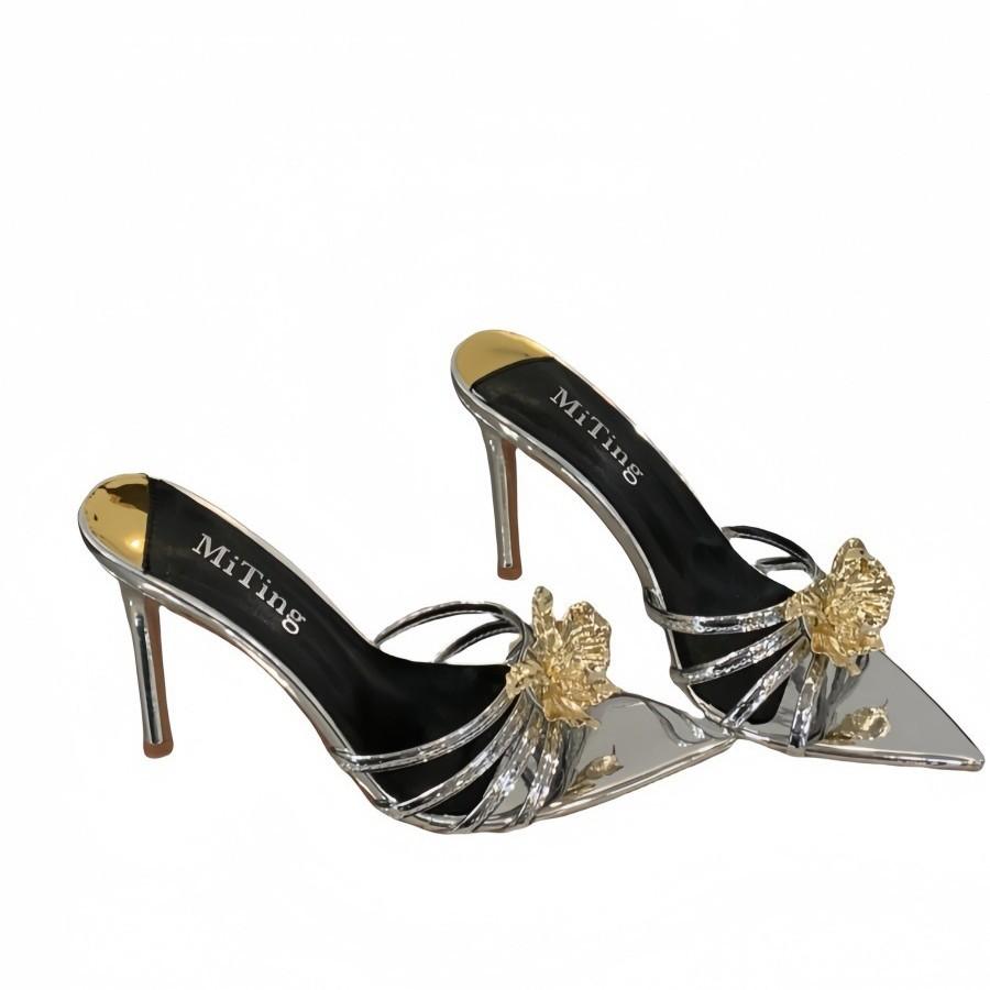 Celebrity one-word sandals 2025 summer new metal flower sexy open-toed high-heeled slippers