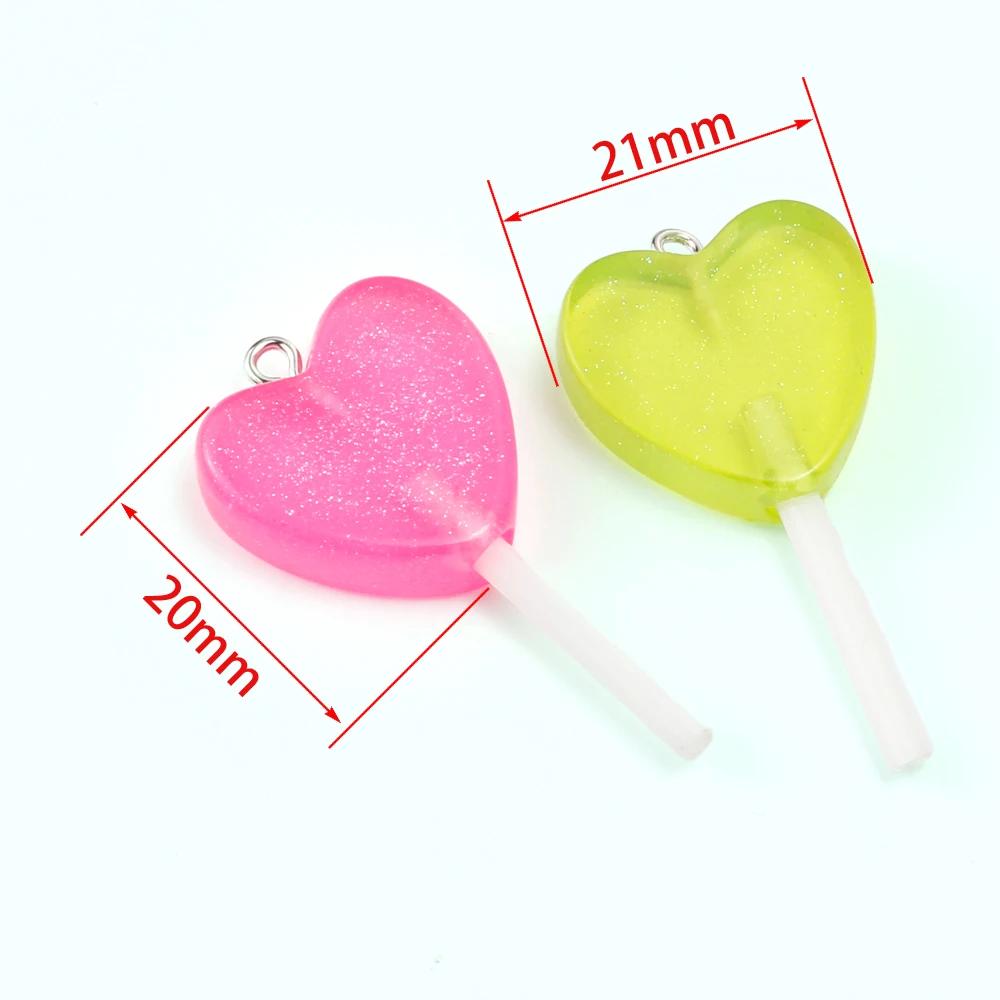 10 Stück Glitzer-Herz-Form Lutscher Harz-Anhänger Niedliche Süßigkeiten-Charms für Schmuckherstellung Zubehör DIY Ohrringe Schlüsselanhänger Zubehör