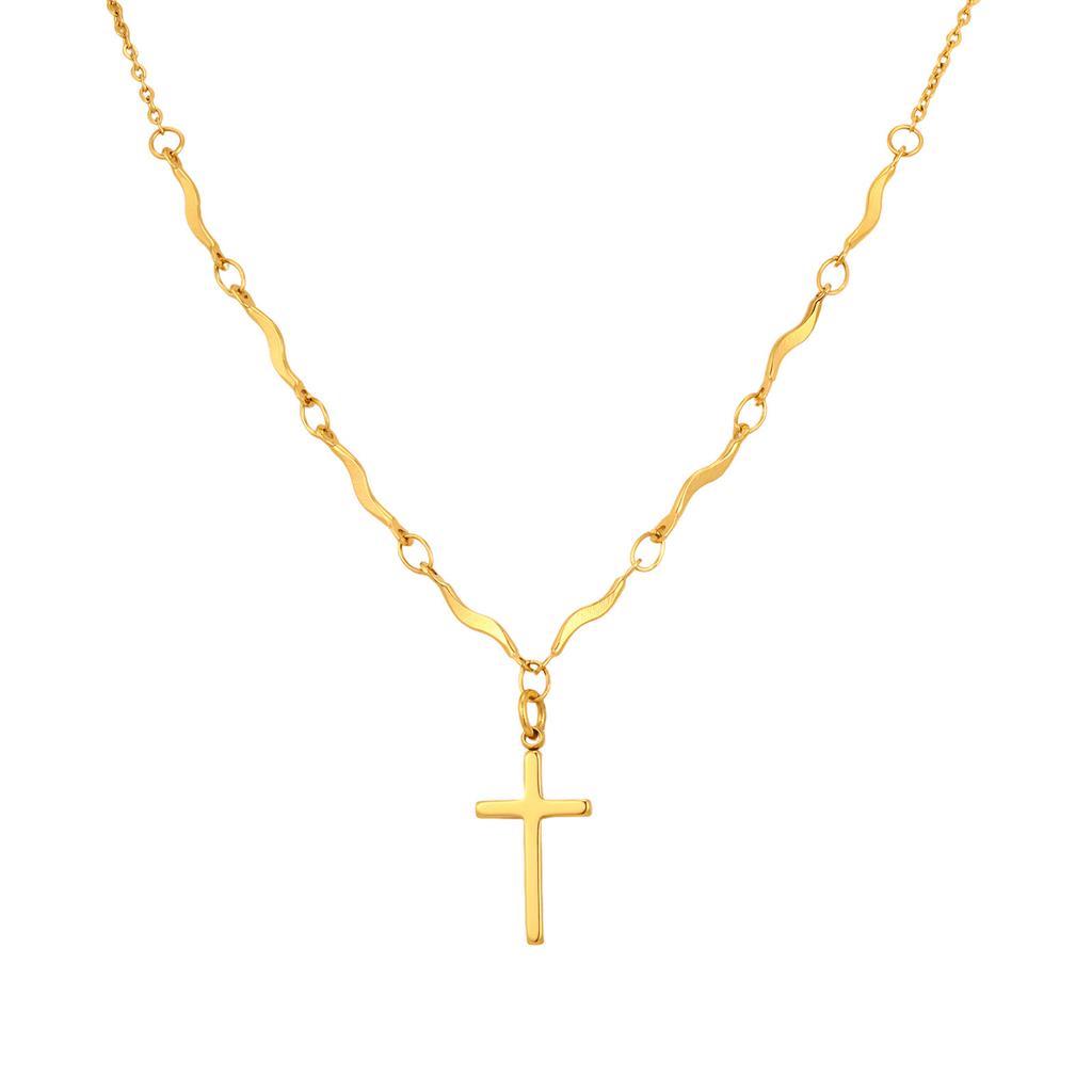 Ladies Fashion Stainless Steel Wave Chain Cross Necklace 18K Gold Versatile Jewelry Nc-2300