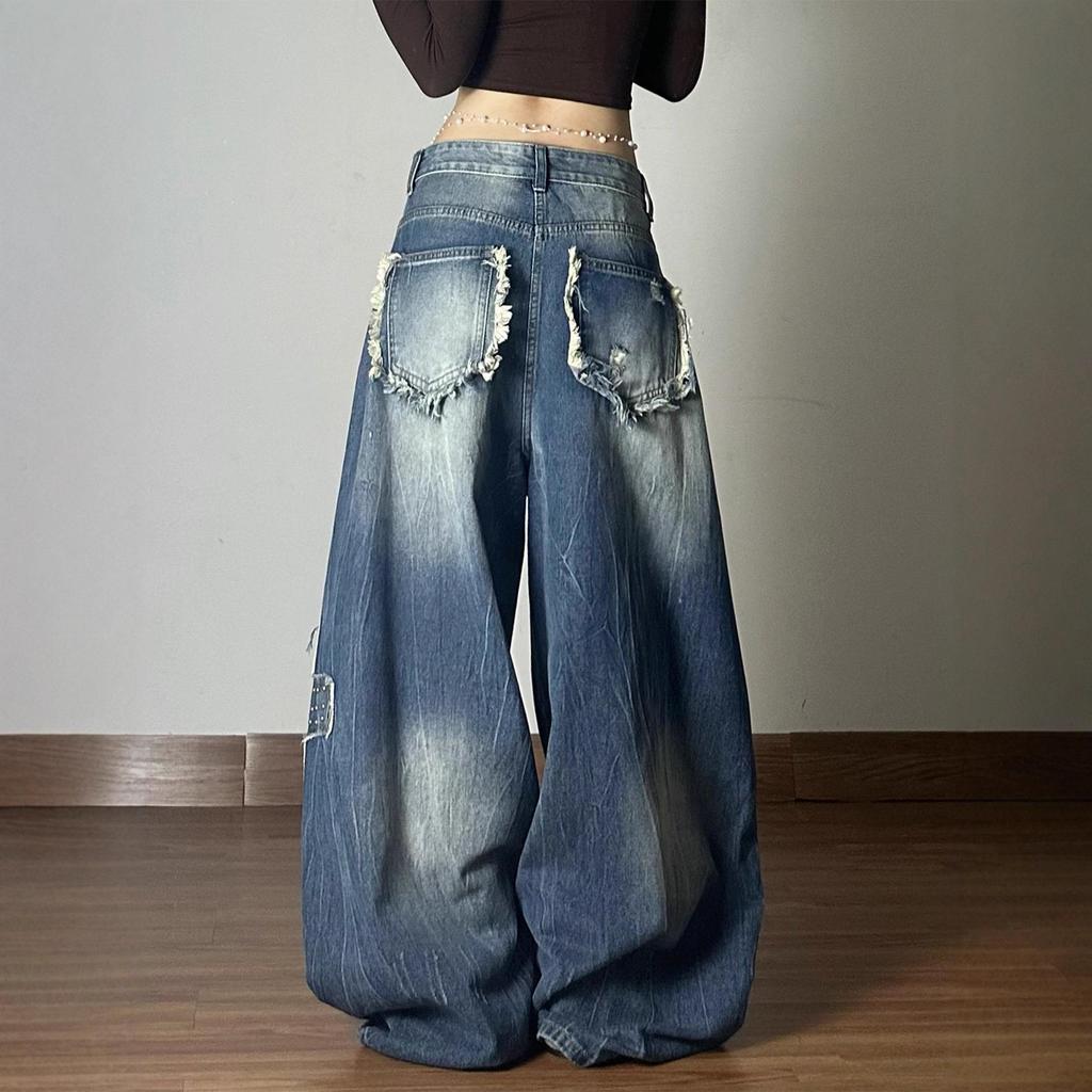 2025 American Spicy Girl Wide-Leg Rivet Distressed Jeans for Women - Autumn Street Style