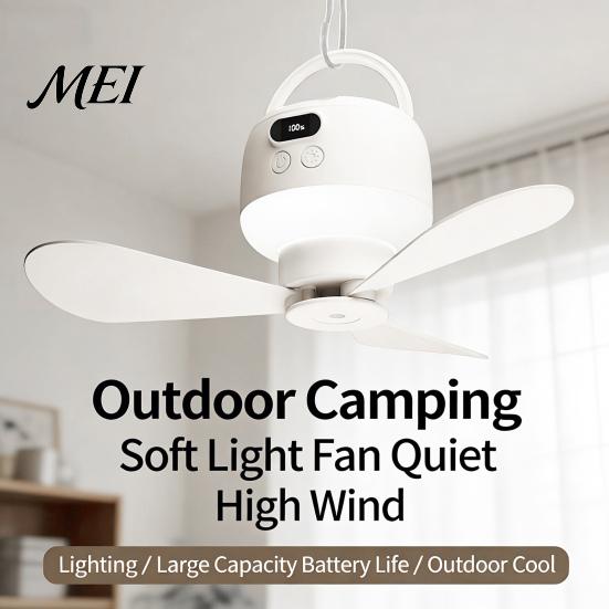 Schnelllade-Outdoor-Ventilator 2-in-1 Tragbarer Deckenventilator, Wiederaufladbares kabelloses Zelt mit LED-Licht, Fernbedienung, 4 Geschwindigkeiten, Geschenke für Camping