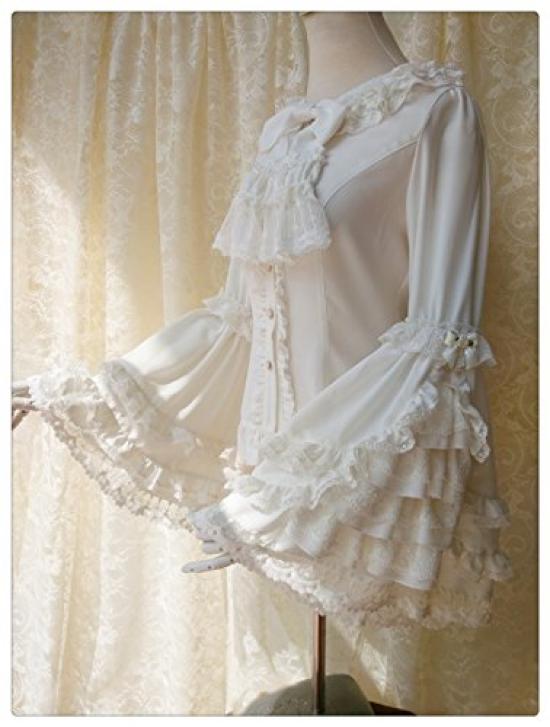 Lolita Blouse Princess Long Round Milky Lolita Ruffle Princess Perfect for Tea Gothic Gothic Blouse Shirt [cnstone] Shirt, Sleeves, Sleeves, Collar,