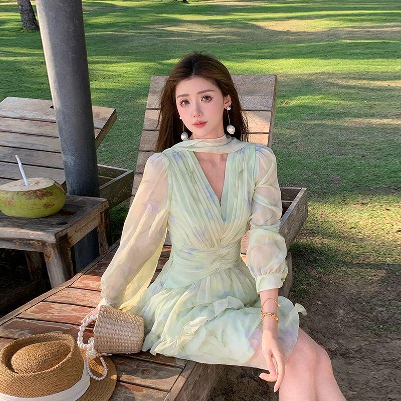

Ice Ice Is Coming. [Chun Ye First Saw] Special-Interest Design Ribbon Cut Out Printed Dress Lantern Sleeve High Waist Dress Shallow water Green XS