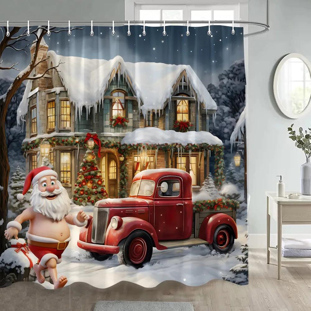 Christmas Snowman Shower Curtain Winter Forest Red Berry Birds Snowy Scene Xmas Bath Curtains Fabric Wall Hanging Bathroom Dec
