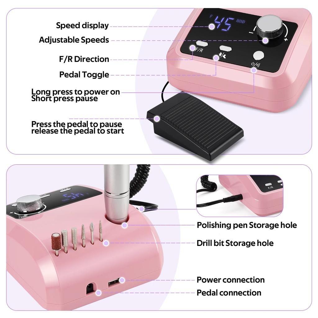 45000RPM Electric Nail Drill Machine for Nail Electric File Manicure Machine Nail Sander Portable Professional Nail Lathe Sander