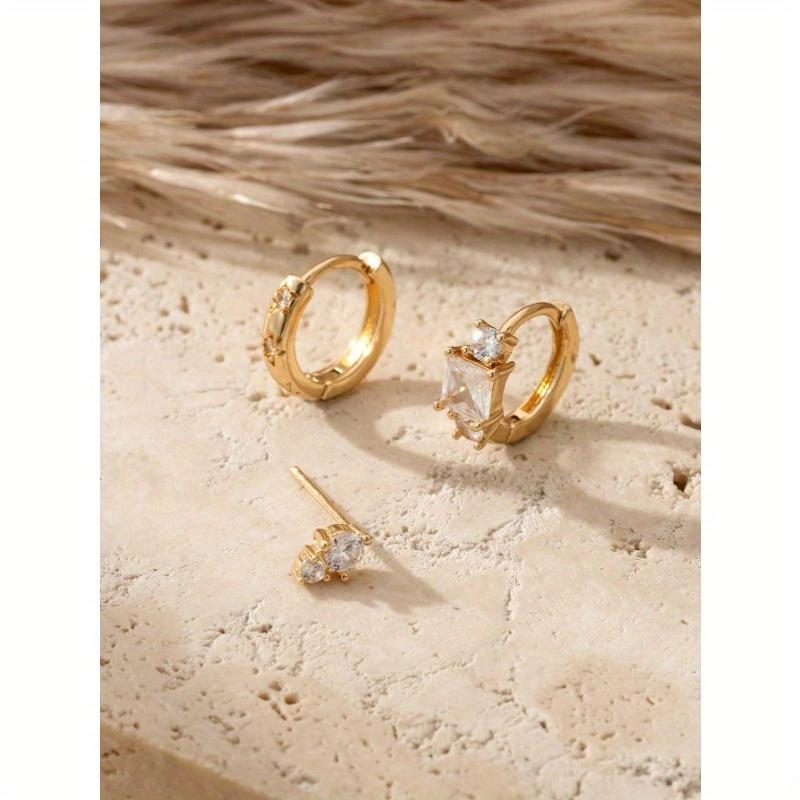 3pcs/Set Elegant Cubic Zirconia Cross Stud & Dangle Earrings Set, Copper Hoops, Everyday Casual Accessories, Holiday Gift For Women