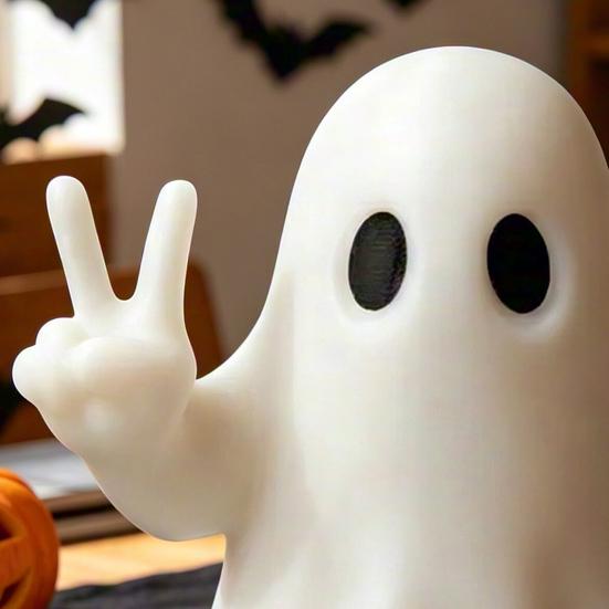 Modern Ghost Table Decor Halloween Figurine with Peace Sign, Spooky White Matte Statue, Cute Tabletop Ornament for Shelf, Party Gift One-piece Printed