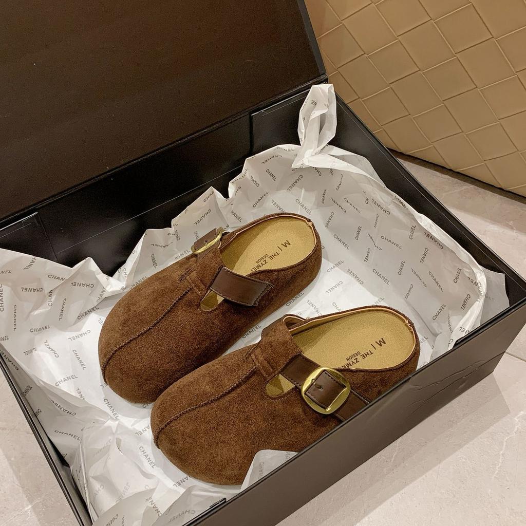 2025 Autumn New Leather Thick-soled Bag Head Half Slippers Women's Heightened Soft-soled Casual Retro Outer Boken Shoes