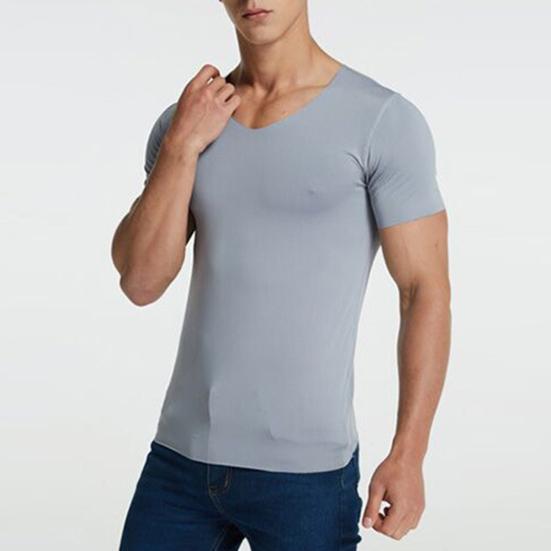 Men's Ice Silk T-Shirts Casual Short Sleeve Sports Tee Summer Breathable Moisture V-Neck Undershirt Top