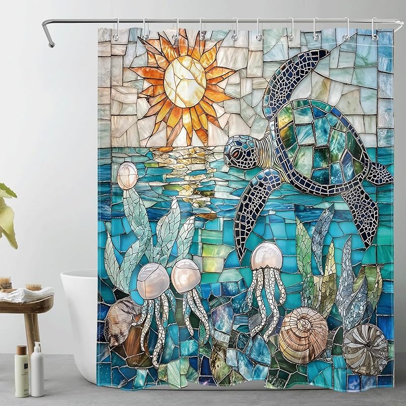 EOBTAIN Black and White Nautical Shower Curtain for Bathroom Summer Starfish and Seaweed Abstract Underwater Fabric Shower Curtain with 10 Hooks