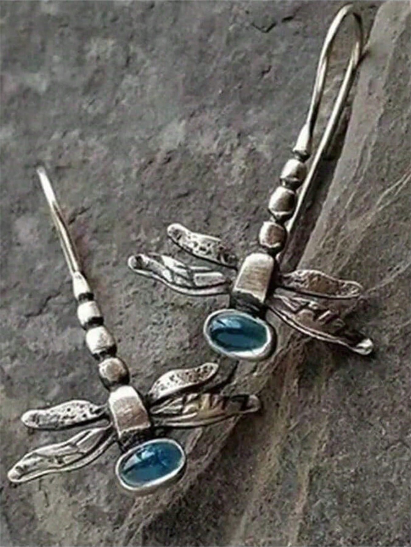 

Women s Retro Silver Dragonfly Moonstone Hook Earrings