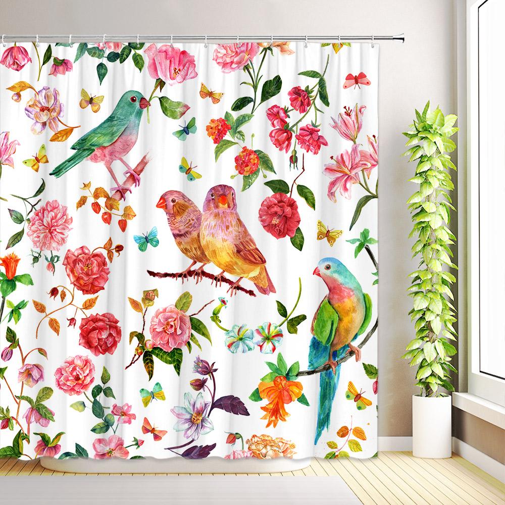 

Green Leaves Birds Shower Curtain Watercolor Floral Modern Colorful Plant Leaf Butterfly Hummingbird Bathroom Decor with Hooks 35x70inch-90x180cm